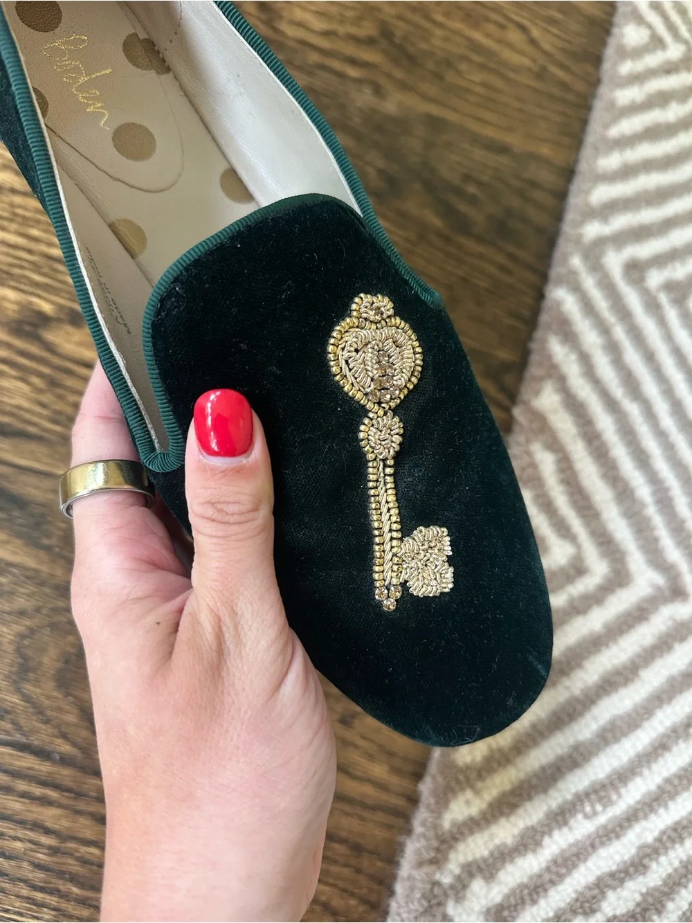 Boden Emerald Velvet Loafers with Gold Key & Lock Embellishment